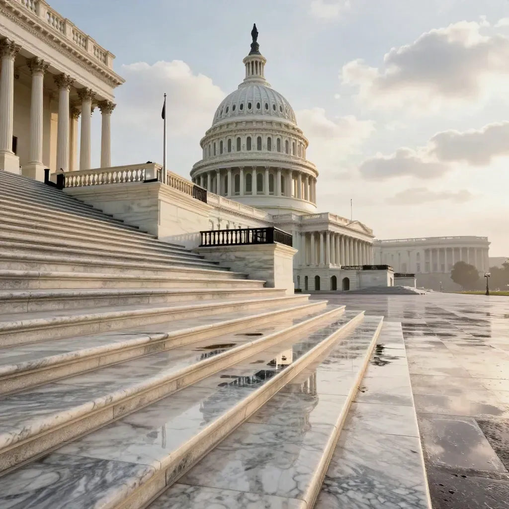 U.S. Capitol dome over wet marble steps with flagpoles and a press riser after rain