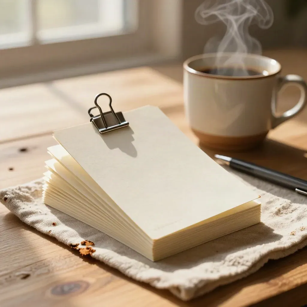 Five brief cards, steam, coffee mug, pen, and linen napkin on a sunlit oak table.