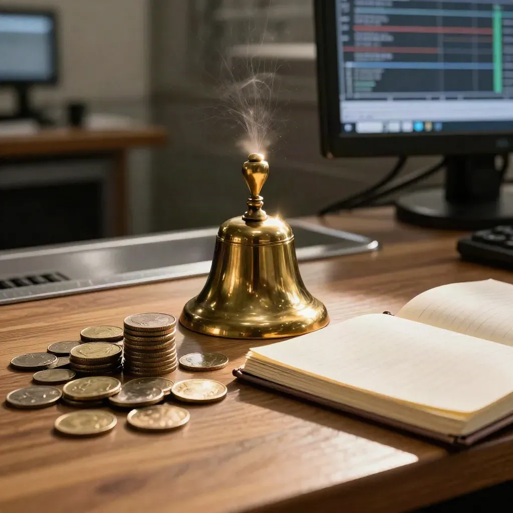 Brass bell, coin stack, notebook, and glowing chart monitor on a market desk in morning light.