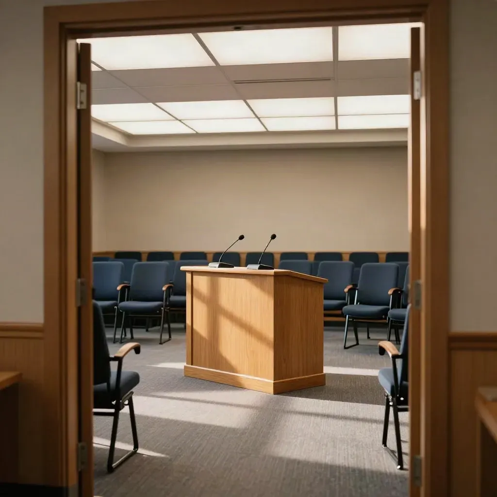 Empty briefing room lectern with twin microphones and folded navy chairs under bright ceiling light