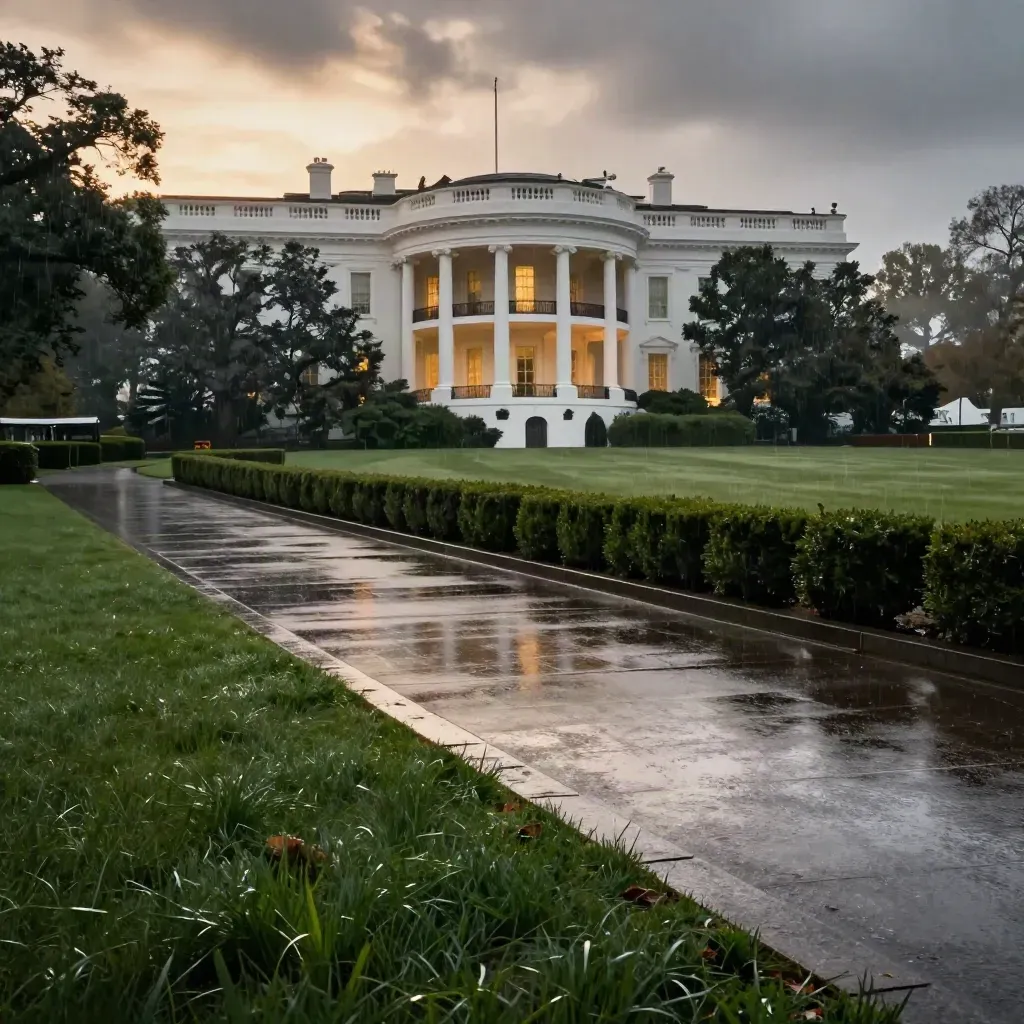 The White House South Lawn at dusk in drizzle, wet path, glowing windows, clipped hedges.