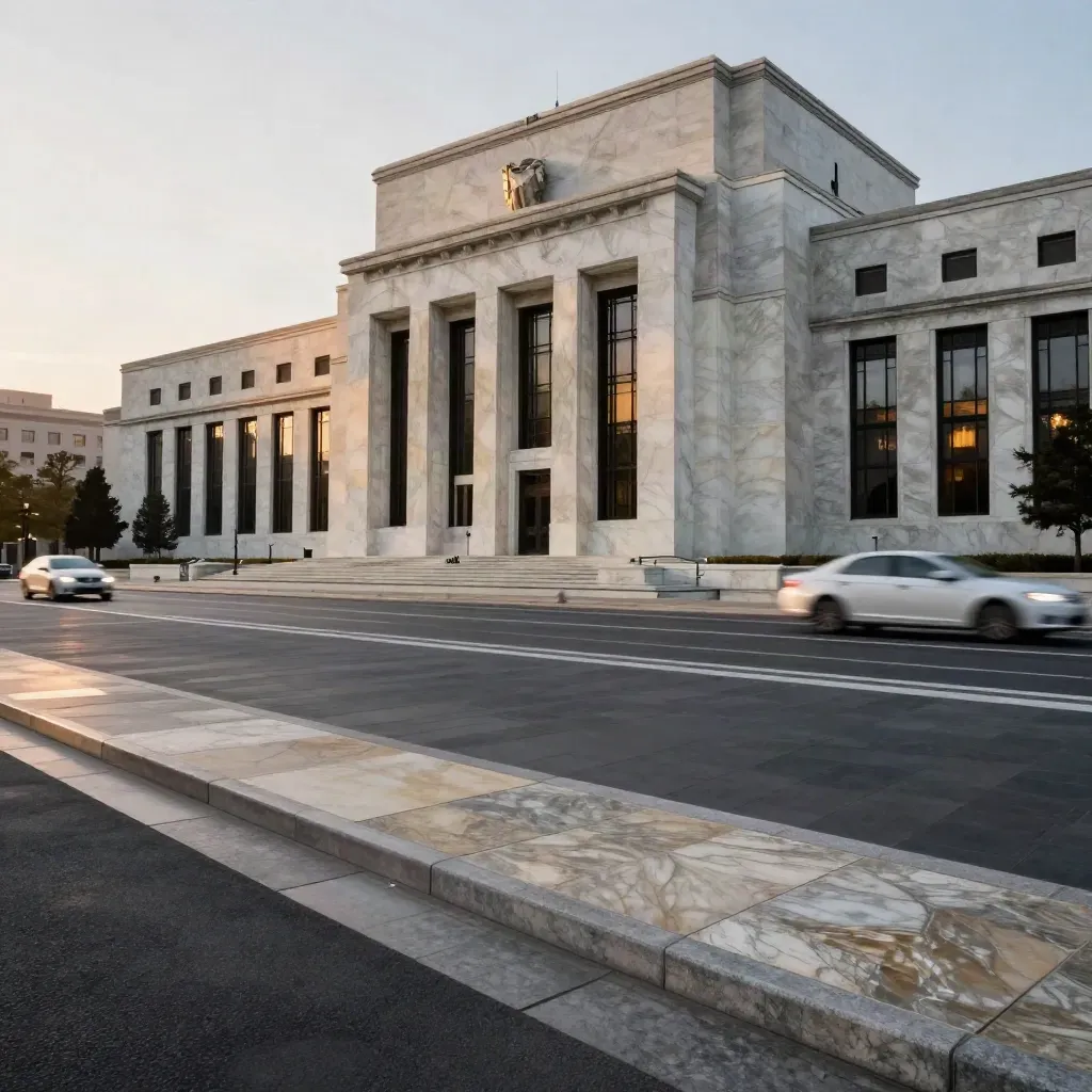 Low-angle marble Federal Reserve façade at dusk with glowing windows and car light streaks.
